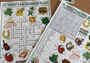Zdjęcia przedstawiają krzyżówki i łamigłówki tematyczne związane z Dniem Świętego Patryka, przygotowane dla uczniów.